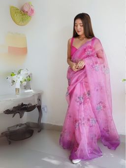 Odette - Women Pink Printed Unstitched Saree with Unstitched Blouse