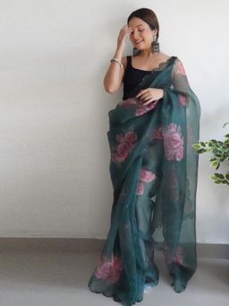 Odette - Women Green Printed Unstitched Saree with Unstitched Blouse