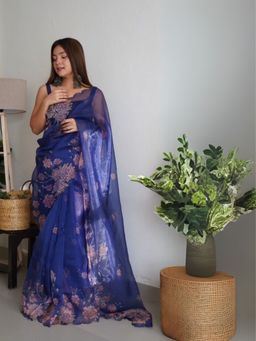 Odette - Women Blue Printed Unstitched Saree with Unstitched Blouse