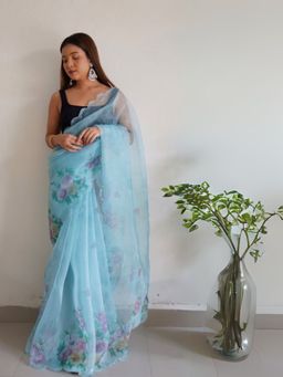 Odette - Women Blue Printed Unstitched Saree with Unstitched Blouse