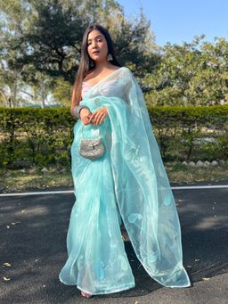 Odette - Women Blue Embroidered Unstitched Saree with Unstitched Blouse