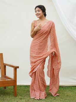 Odette - Women Peach Embroidered Unstitched Saree with Unstitched Blouse