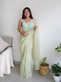 Odette - Women Green Embroidered Unstitched Saree with Unstitched Blouse