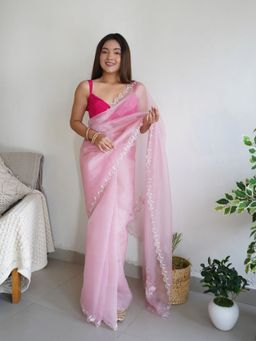 Odette - Women Pink Embroidered Unstitched Saree with Unstitched Blouse