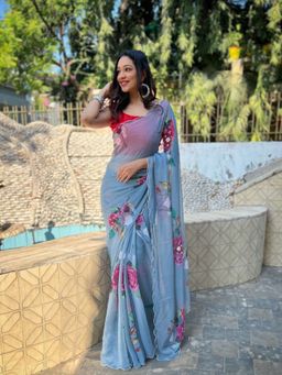 Odette - Women Blue Printed Unstitched Saree with Unstitched Blouse