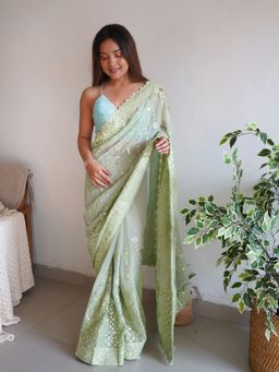 Odette - Women Green Embellished Unstitched Saree with Unstitched Blouse