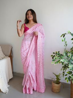 Odette - Women Pink Embellished Unstitched Saree with Unstitched Blouse