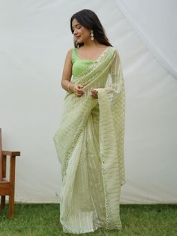 Odette - Women Green Embellished Unstitched Saree with Unstitched Blouse