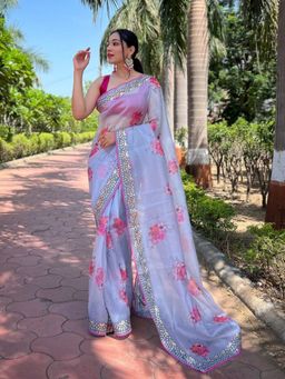 Odette - Women Blue Printed Unstitched Saree with Unstitched Blouse