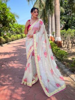 Odette - Women White Printed Unstitched Saree with Unstitched Blouse