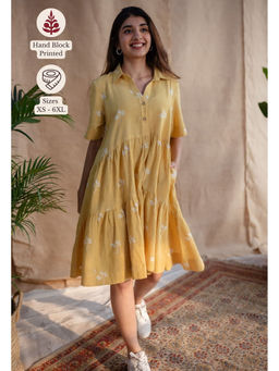 The Indian Ethnic Co. - Yellow A-Line Dabu Printed Slub Cotton Dress