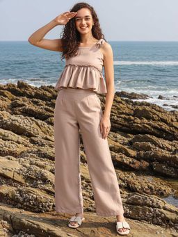 AOBA - Pink Shoulder Strap Linen Crop Top & Palazzos Co-ord Set