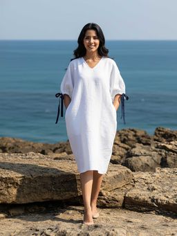 AOBA - White crepe solid Shines Puff Sleeve dress