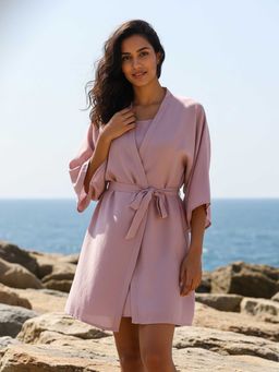 AOBA - Women Peach RoundNeck Linen Co-ord Set
