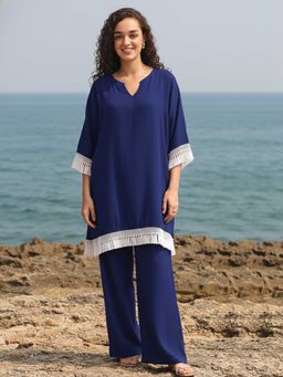 AOBA - Navy Blue Notch Neck Linen Top & Palazzos Co-ord Set