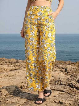 AOBA - Women Yellow Floral Printed Relaxed High-Rise Parallel Trousers