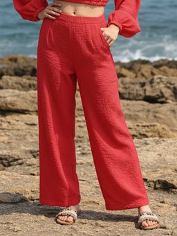 AOBA - Women Red Solid Relaxed High-Rise Parallel Trousers