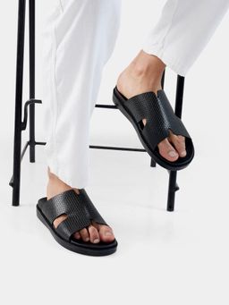 REGAL - Black Men Textured Leather Comfort Sandals