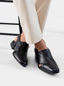 REGAL - Black Men Textured Leather Stylish Ethnic Sandals