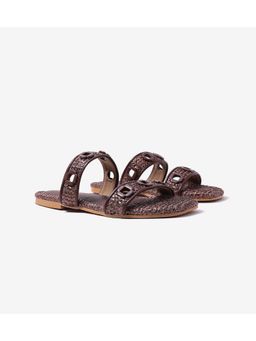 Pair ie Tales - Double Strap Slide Flats with Metal Adornment - Brown