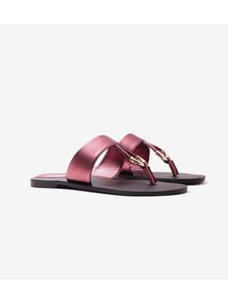 Pair ie Tales - Color Block T-strap Flats - Metallic Maroon