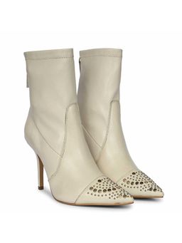Saint G - Women Beige Studded Stretch Napa Leather Stiletto Casual Boots