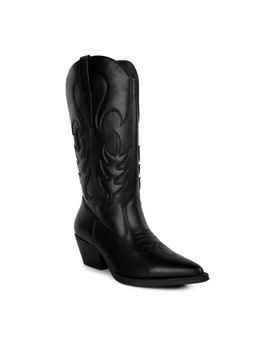 London Rag - Women Black Embroidered Block Heel Cowboy Casual Boots