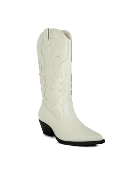 London Rag - Women Beige Embroidered Block Heel Cowboy Casual Boots