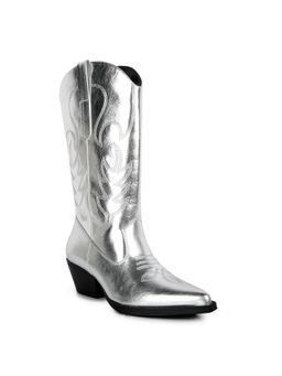 London Rag - Women Silver Embroidered Block Heel Cowboy Casual Boots