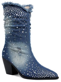London Rag - Navy Blue Diamante and Rhinestones Denim Casual Boots