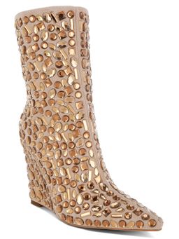 London Rag - Beige Diamante Slim Wedge Heel Casual Boots