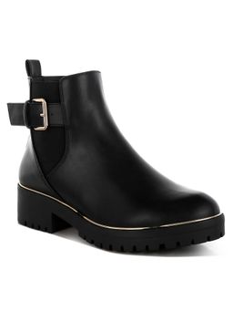 London Rag - Women Black Chunky Buckle Detail Chelsea Boots
