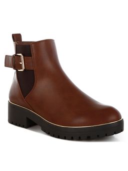 London Rag - Women Tan Chunky Buckle Detail Chelsea Boots