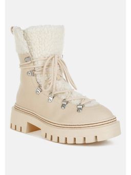 London Rag - Women Off White Fleece and Faux Leather Casual Boots