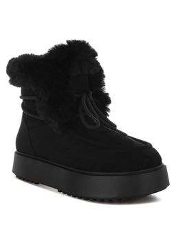 London Rag - Women Black Faux Fur Collar Flatform Casual Boots
