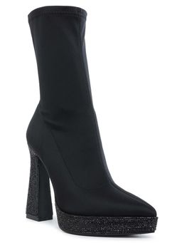 London Rag - Women Black Lycra Rhinestone Detail Casual Boots