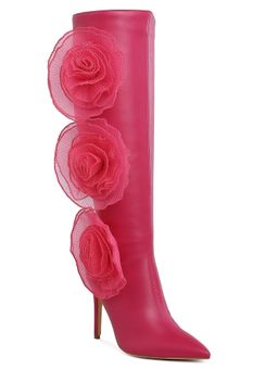 London Rag - Pink Sheer Big Rose Detail Long Casual Boots