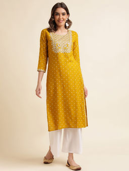 Kasee - Women Mustard Embroidered Round Neck Kurta