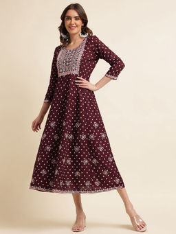Kasee - Women Burgundy Embroidered Round Neck Kurta Dress