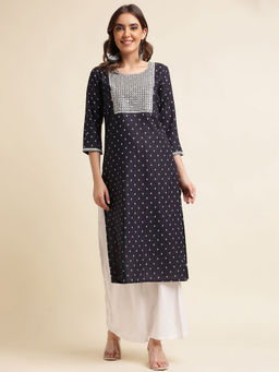 Kasee - Women Navy Blue Embroidered Round Neck Kurta
