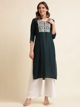 Kasee - Women Peacock Blue Embroidered Round Neck Kurta