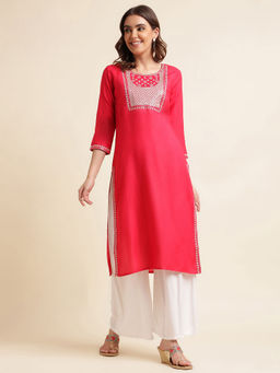 Kasee - Women Pink Embroidered Round Neck Kurta