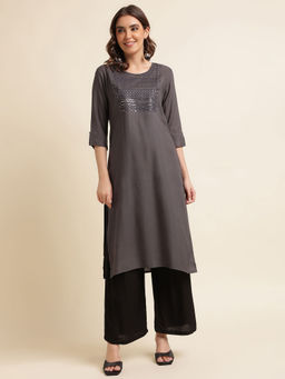 Kasee - Women Grey Embroidered Round Neck Kurta
