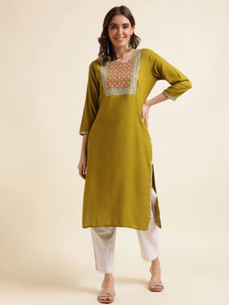 Kasee - Women Green Embroidered Round Neck Kurta
