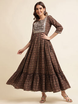 Kasee - Women Burgundy Embroidered Round Neck Kurta Dress