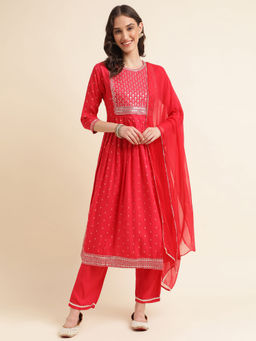 Kasee - Women Embroidered Round Neck Kurta And Trouser with Dupatta (Set of 3)