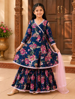 BITIYA BY BHAMA - Girls Grey Pure Cotton Kurta and Sharara and Dupatta