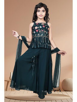 PINK LEAF - Girls Teal Georgette Top and Palazzo with Dupatta