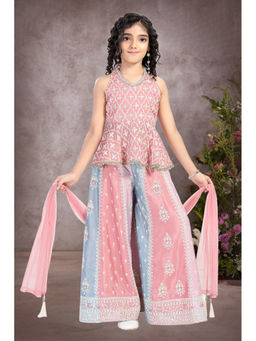 PINK LEAF - Girls Peach Chinon Top and Palazzo with Dupatta