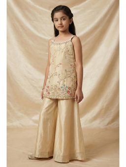 PINK LEAF - Girls Ivory Art Silk Top and Palazzo with Dupatta